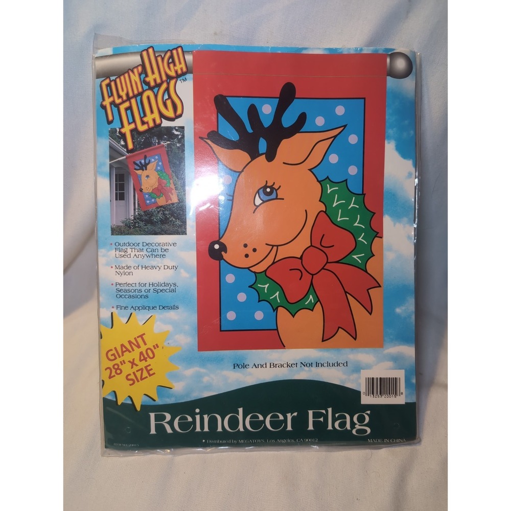 NOS Vintage 1994 Christmas Reindeer Nylon Yard Flag 28"x40" Holiday Decorations